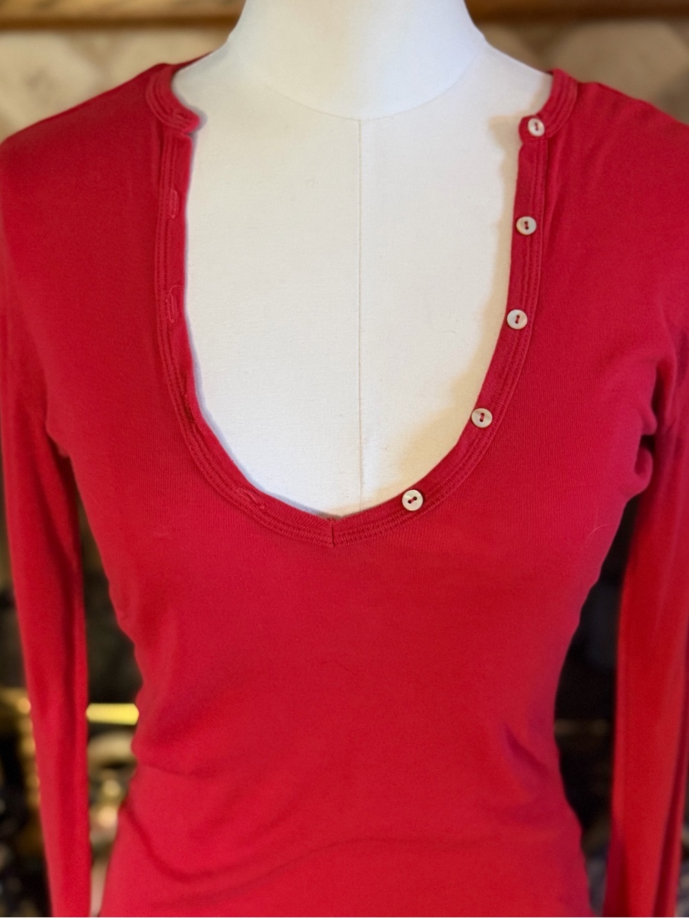 Sharon Segal Bright Red Henley Long Sleeve Women’s Size Medium